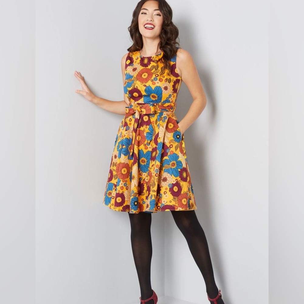 Ixia Floral Fit & Flare Midi Dress in Mustard Yellow
